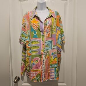 Bob Mackie Wearable Art Shirt Womens 1X Multicolor Silk Tropical Button Down